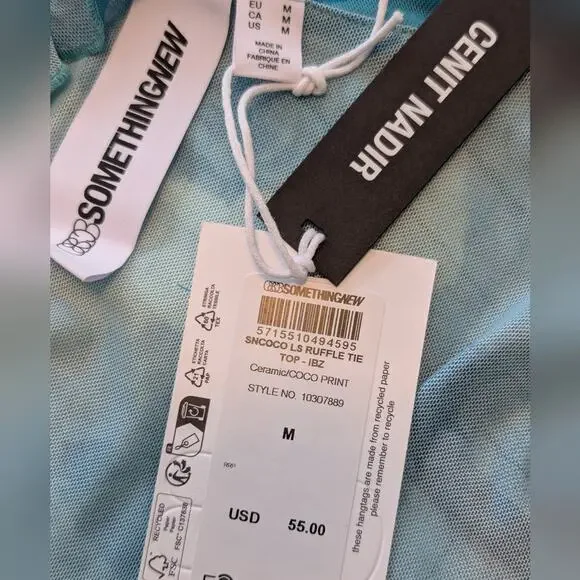 NWT Something New X Cenit Nadir Aqua Sheer Rose Detail Tie Front Ruffle Top Sz M - Picture 7 of 7